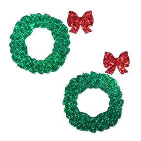 Peek-a-Boob: Green Glitter Wreath with Red Glitter Bow Nipple Pasties