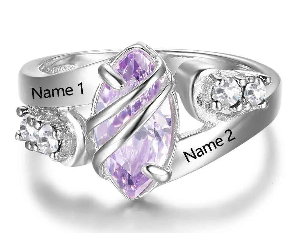 Personalized 1 Birthstone Mother's Ring Wrapped In Love 2 Engraved Names