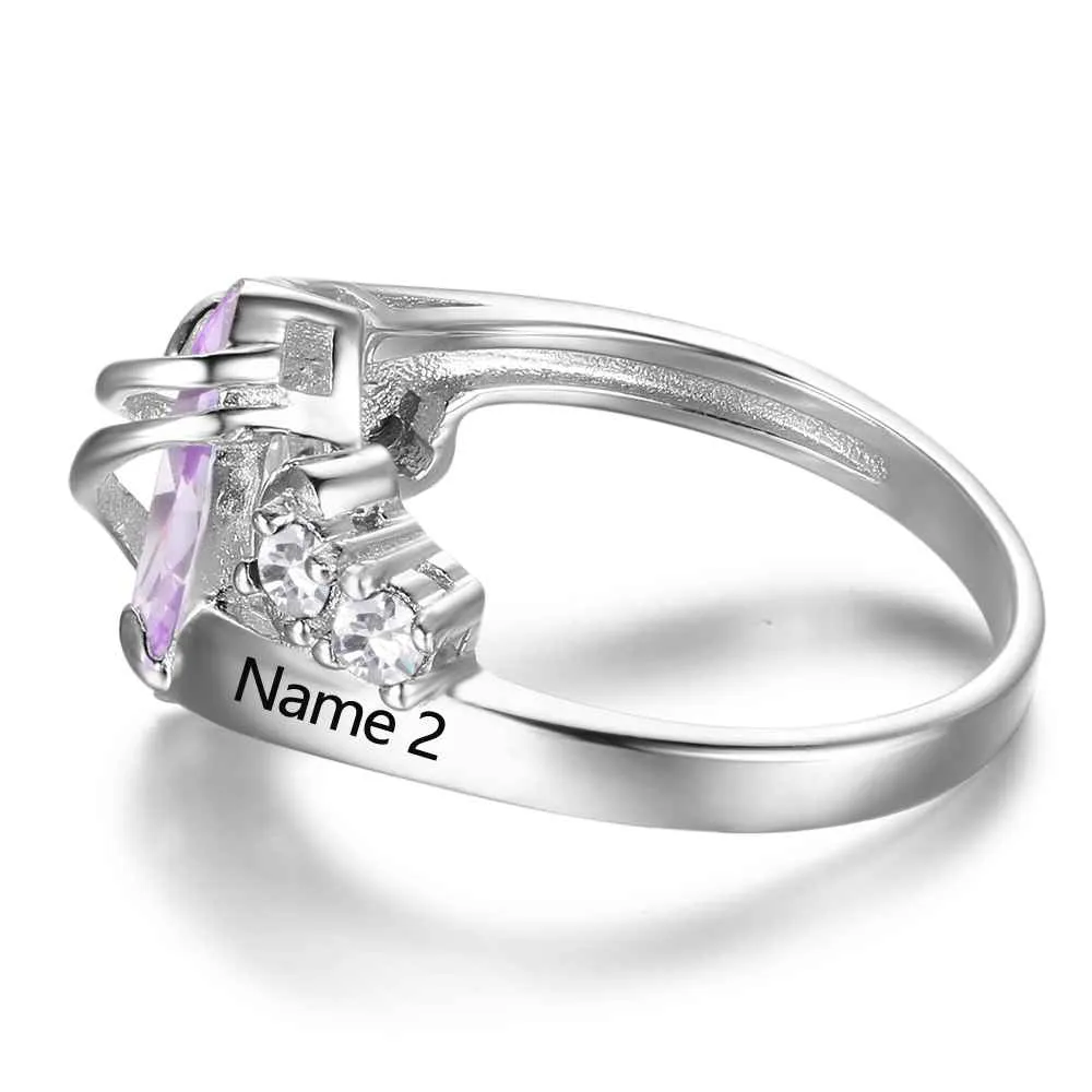 Personalized 1 Birthstone Mother's Ring Wrapped In Love 2 Engraved Names