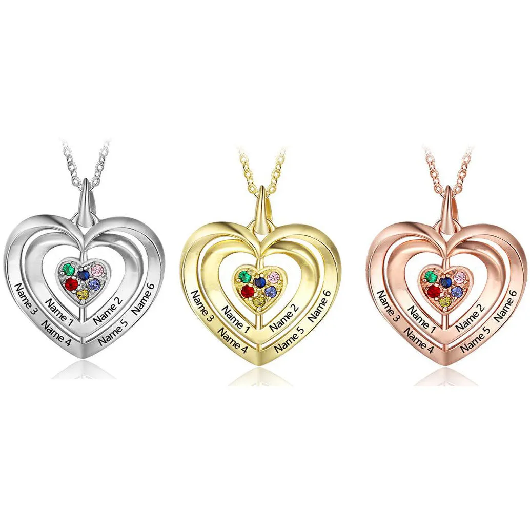 Personalized 6 Stone Mother's Ring Triple Hearts Pendant 6 Engraved Names