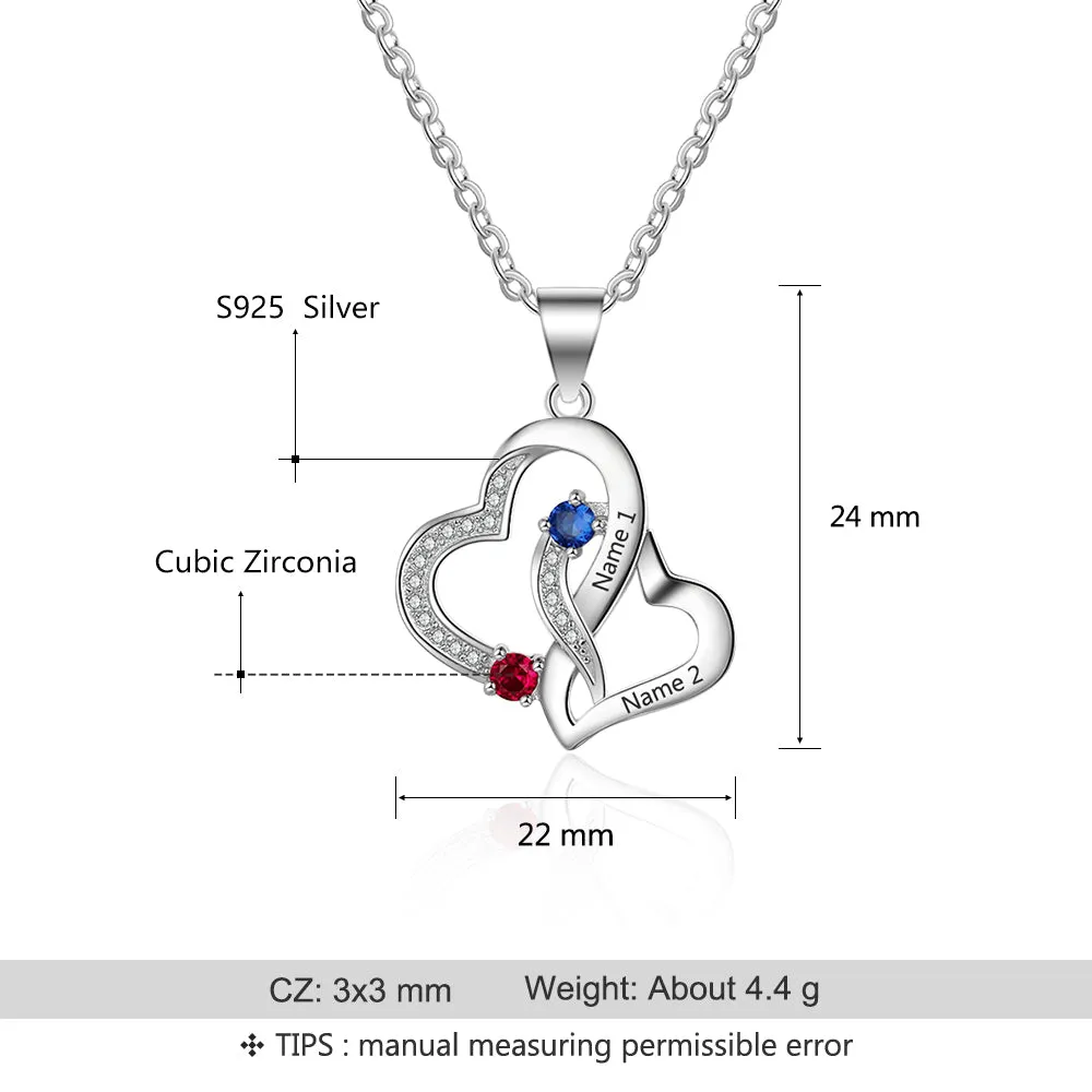 Personalized Mother's Necklace 2 Birthstones 2 Names Tangled Hearts Stainless Steel