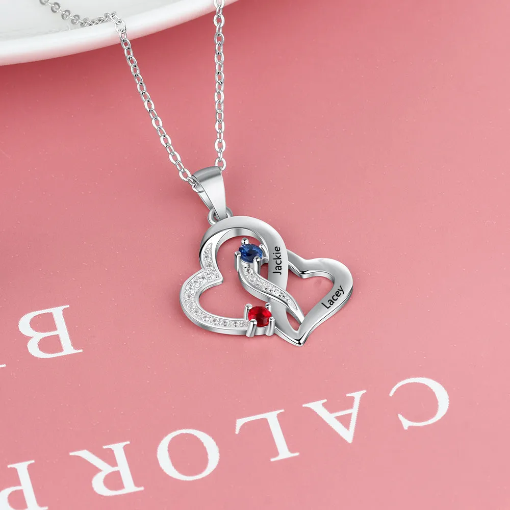 Personalized Mother's Necklace 2 Birthstones 2 Names Tangled Hearts Stainless Steel