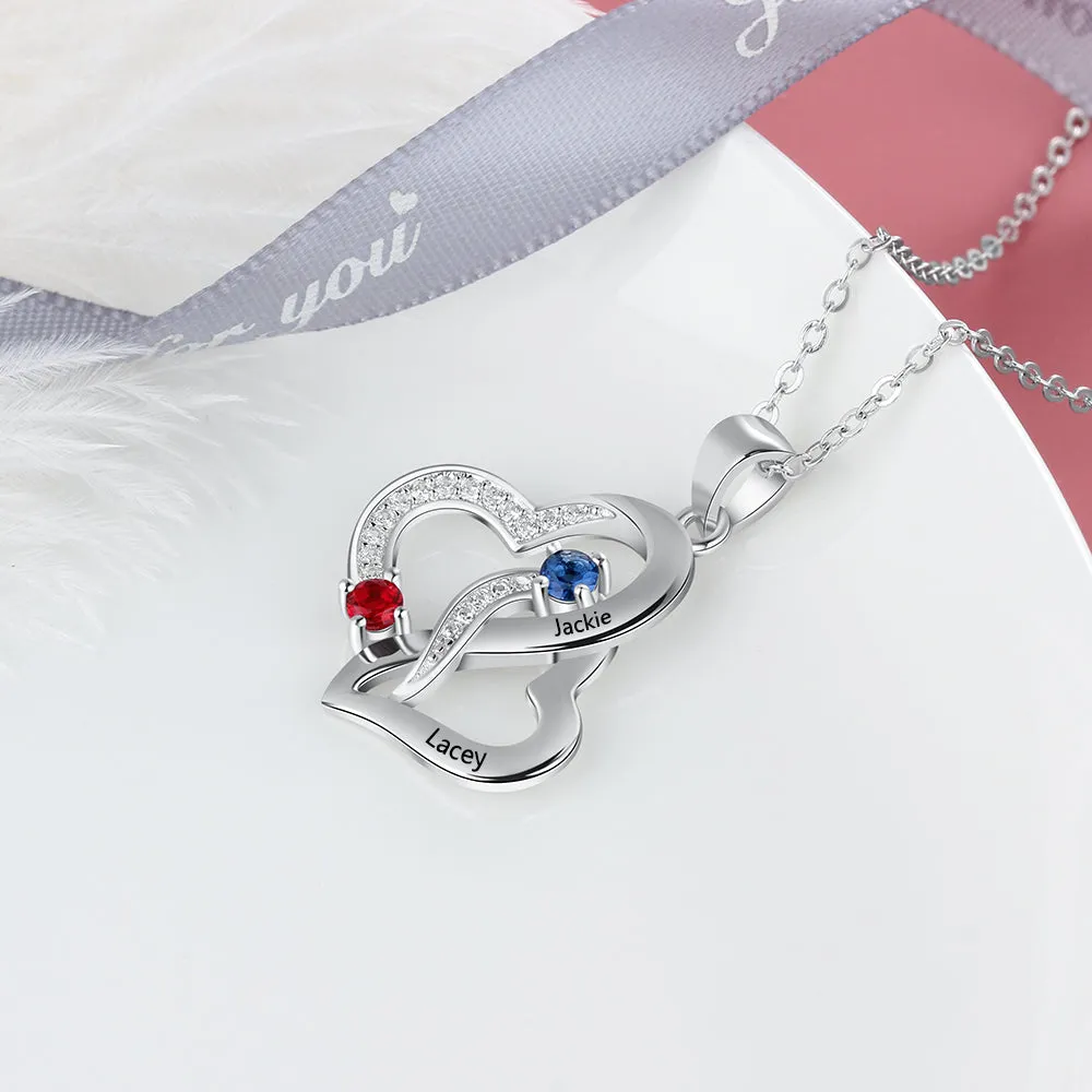 Personalized Mother's Necklace 2 Birthstones 2 Names Tangled Hearts Stainless Steel