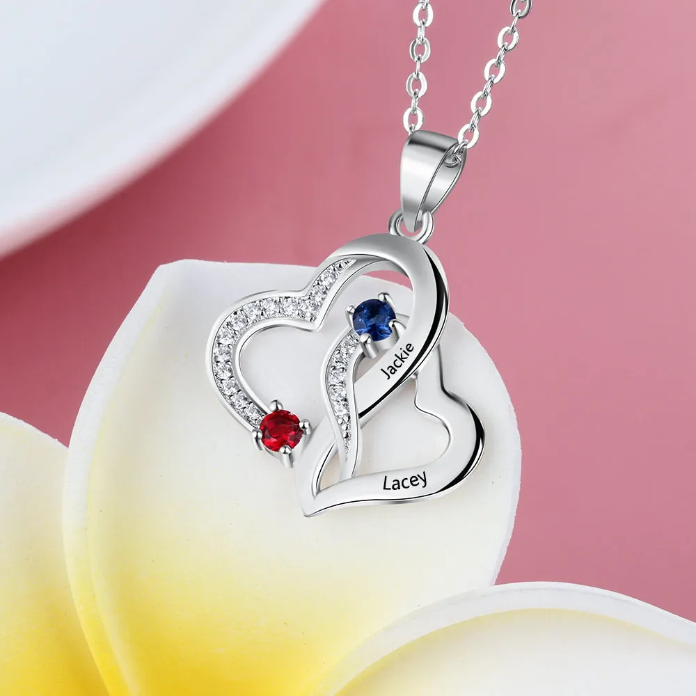 Personalized Mother's Necklace 2 Birthstones 2 Names Tangled Hearts Stainless Steel