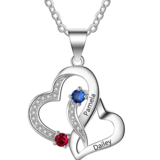 Personalized Mother's Necklace 2 Birthstones 2 Names Tangled Hearts Stainless Steel