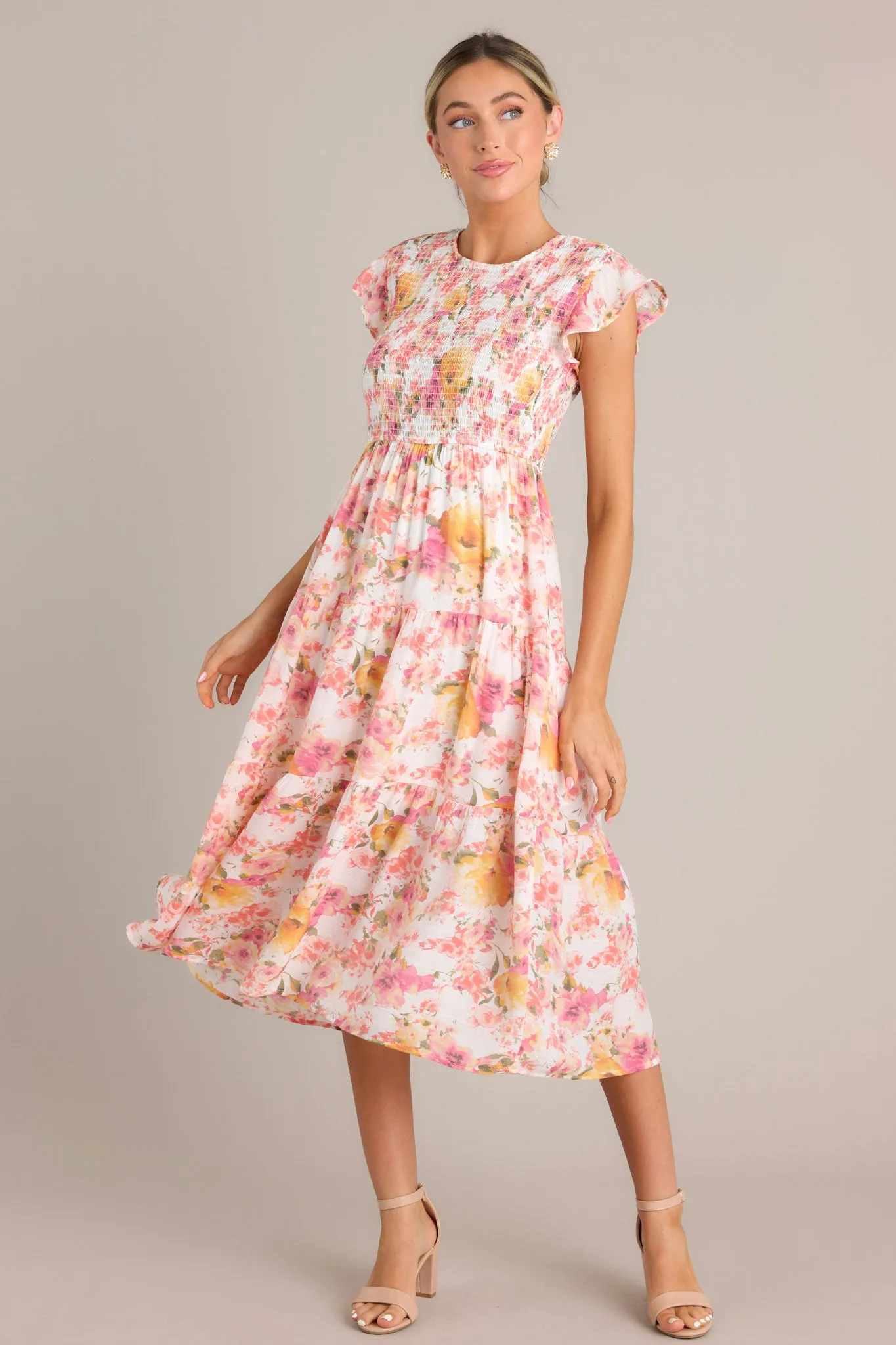 Petal Power Pink Floral Smocked Midi Dress