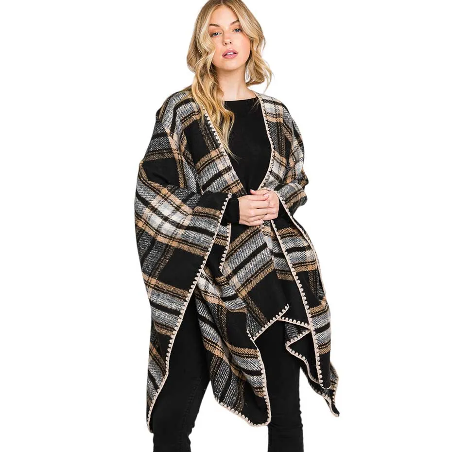 Plaid Check Patterned Ruana Poncho