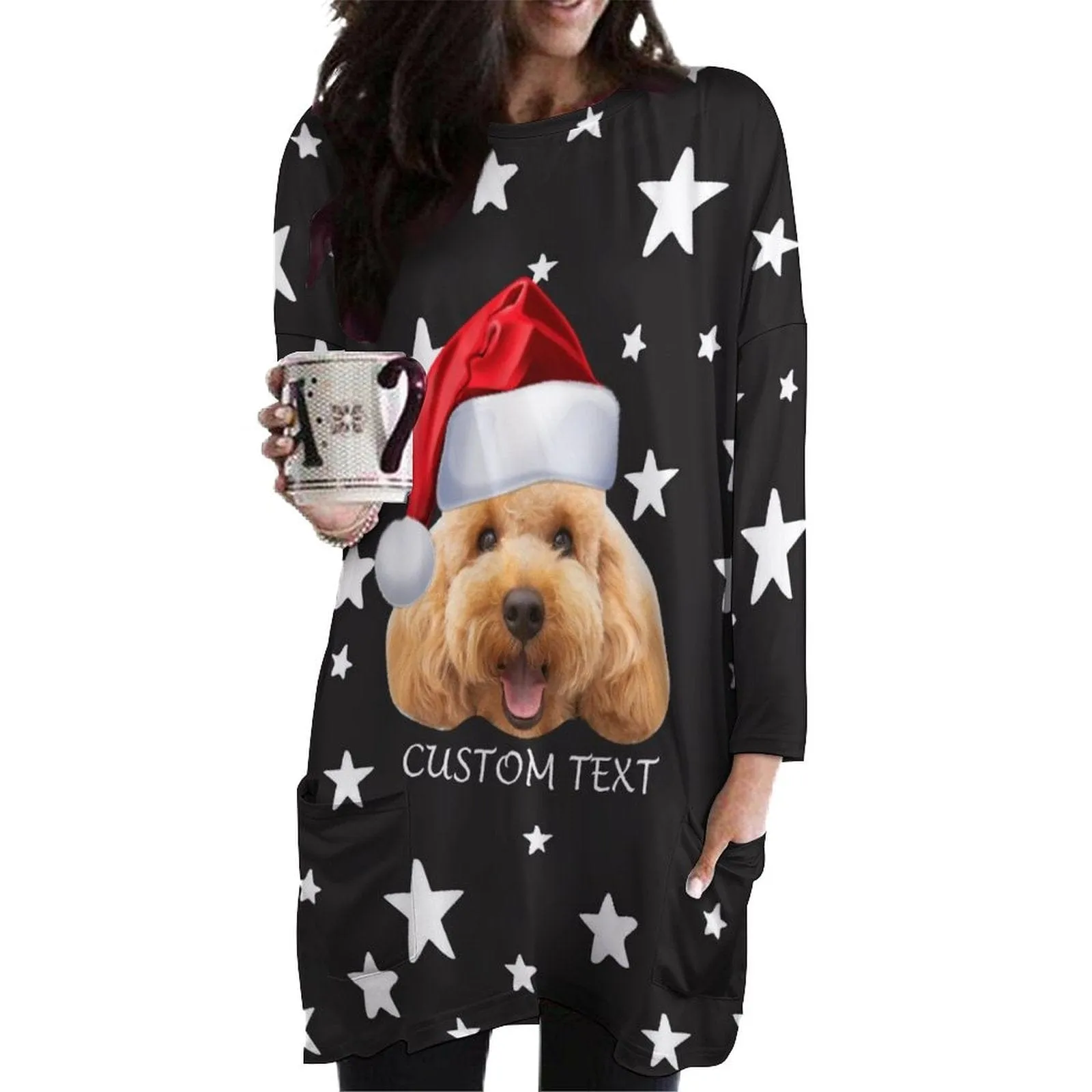 Plus Size #Pocket Sweatshirt Personalized Face&Text Pet Star Christmas Ugly Women's Long Length Sweatshirt, Gift For Christmas Custom face Sweatshirt, Ugly Couple Sweatshirts