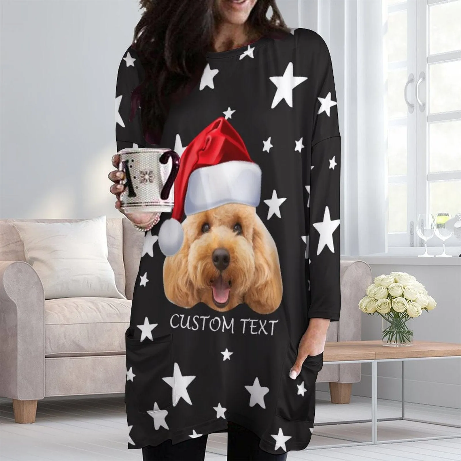 Plus Size #Pocket Sweatshirt Personalized Face&Text Pet Star Christmas Ugly Women's Long Length Sweatshirt, Gift For Christmas Custom face Sweatshirt, Ugly Couple Sweatshirts