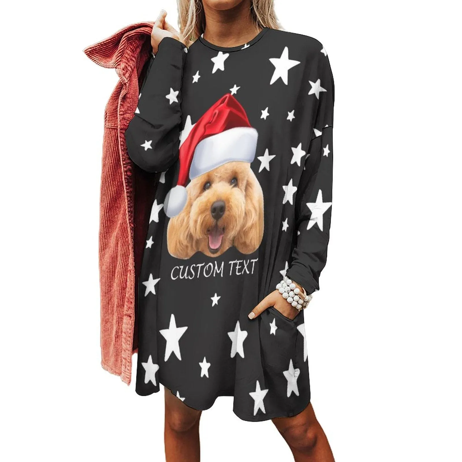 Plus Size #Pocket Sweatshirt Personalized Face&Text Pet Star Christmas Ugly Women's Long Length Sweatshirt, Gift For Christmas Custom face Sweatshirt, Ugly Couple Sweatshirts