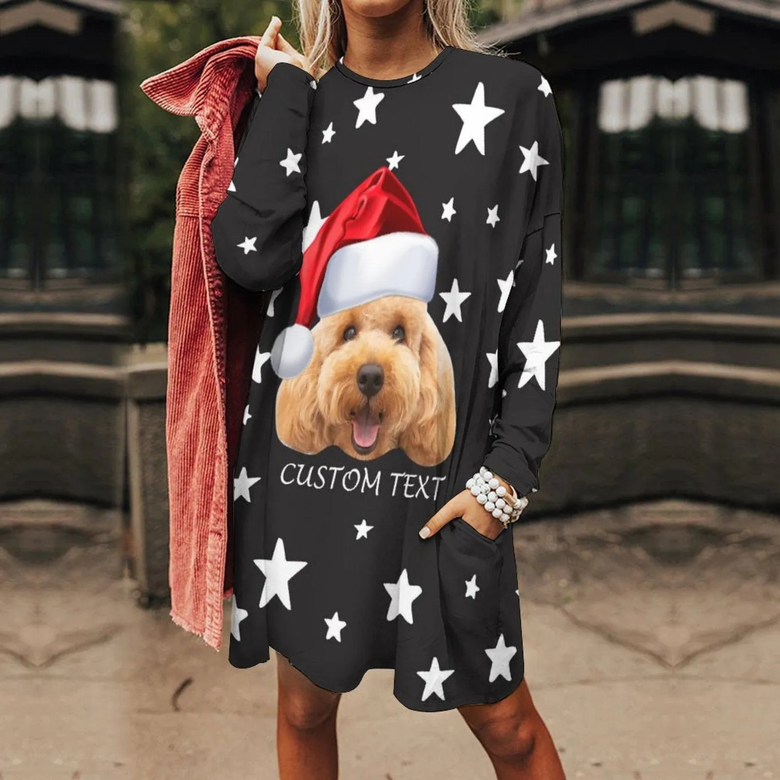 Plus Size #Pocket Sweatshirt Personalized Face&Text Pet Star Christmas Ugly Women's Long Length Sweatshirt, Gift For Christmas Custom face Sweatshirt, Ugly Couple Sweatshirts