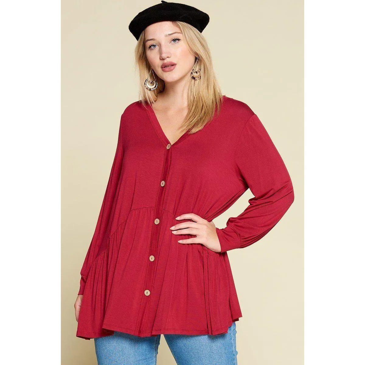 Plus Size Solid Heavy Rayon Modal Jersey Faux Button Up