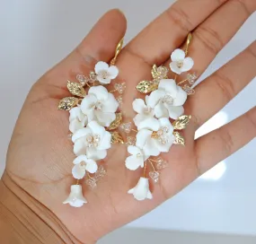 Porcelain Ceramic White Flower Sparkling Crystal Long Bridal Jewelry Crystal Bridal Earrings Statement Earrings Cz