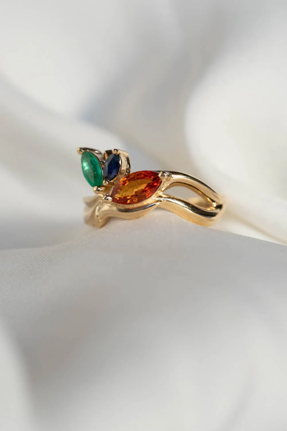 READY TO SHIP: Strelitzia ring in 14K yellow gold, natural emerald, natural orange and blue sapphires, RING SIZE - 7 US