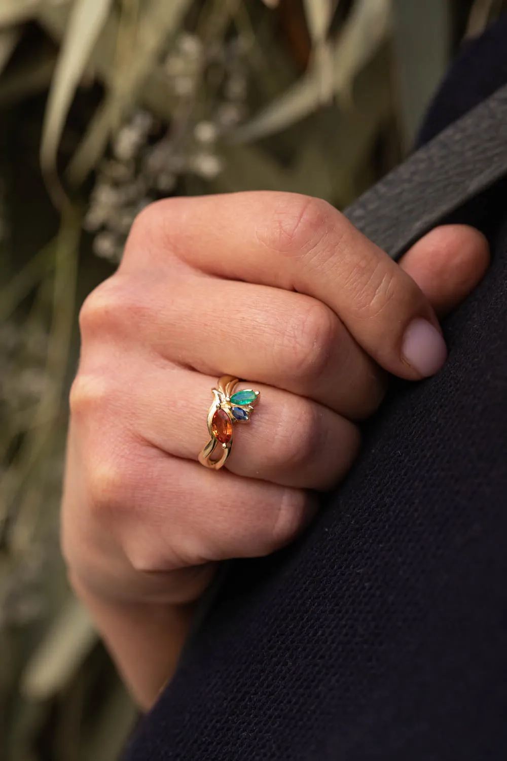 READY TO SHIP: Strelitzia ring in 14K yellow gold, natural emerald, natural orange and blue sapphires, RING SIZE - 7 US