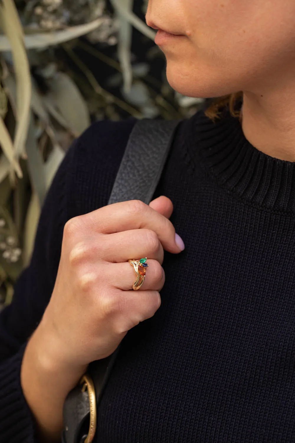 READY TO SHIP: Strelitzia ring in 14K yellow gold, natural emerald, natural orange and blue sapphires, RING SIZE - 7 US