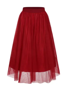 Red 1930s Mesh Solid Skirt