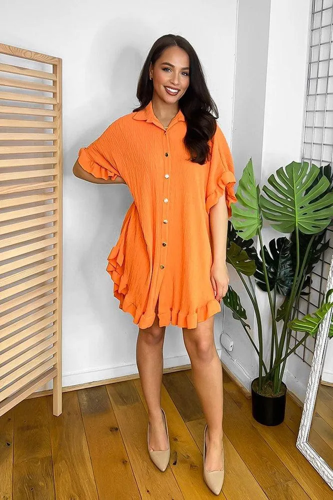 Shirred Fabric Frilled Hem Gold Buttons Shirt Dress