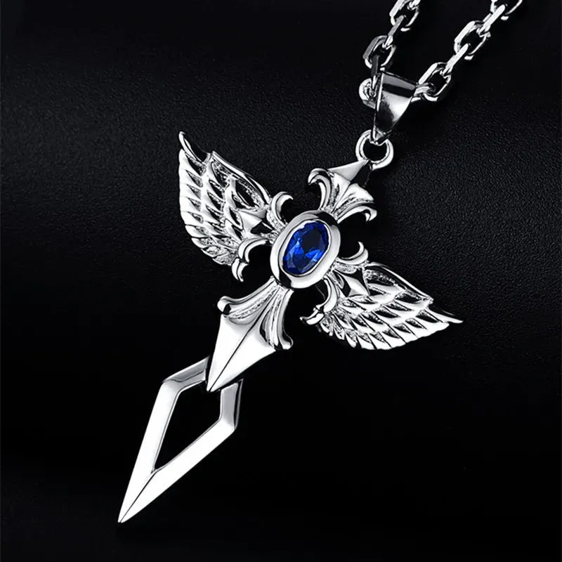 Silver Angel Wings Blue Crystal Zircon Cross Pendant Necklace