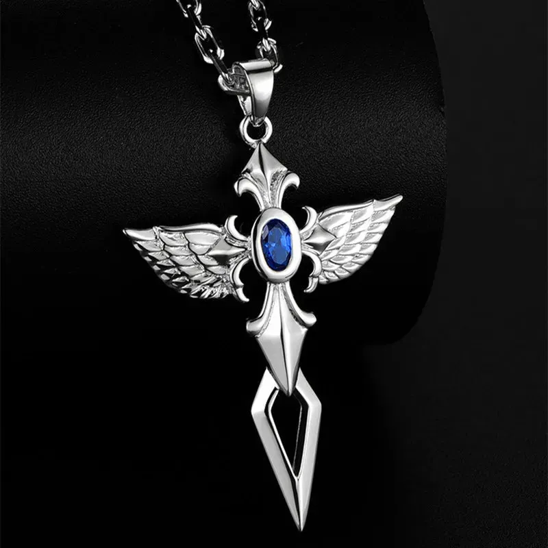 Silver Angel Wings Blue Crystal Zircon Cross Pendant Necklace