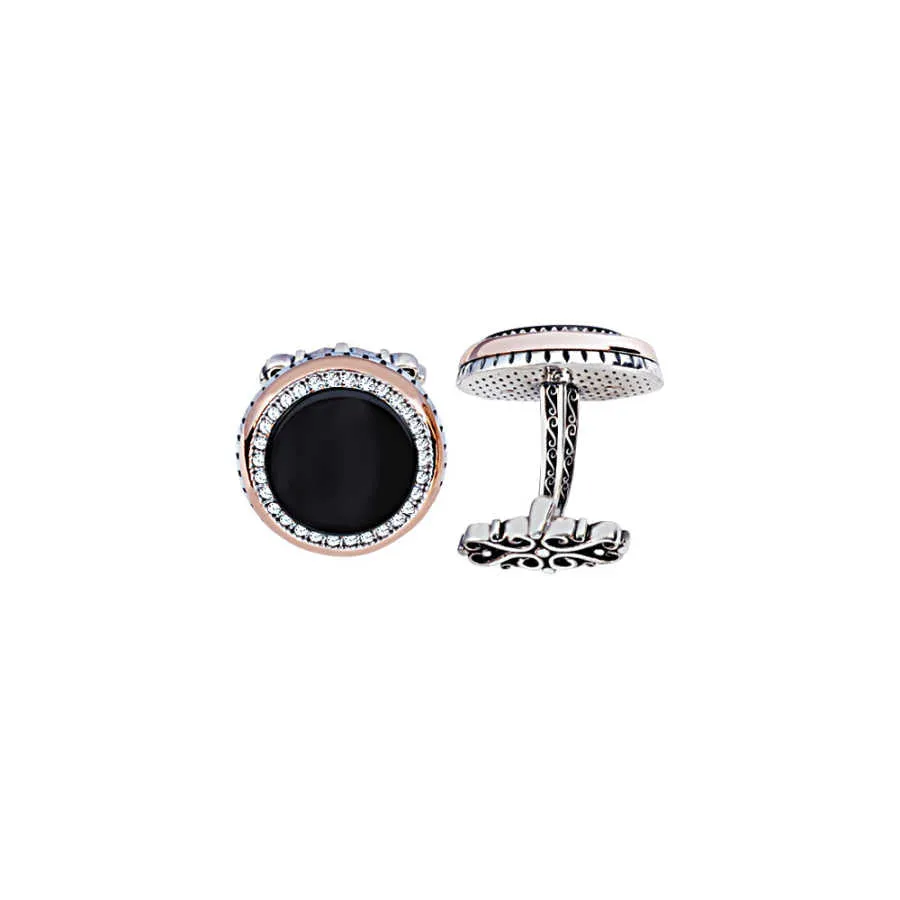 Silver Onyx Stone White Zircon Inlaid Cufflink