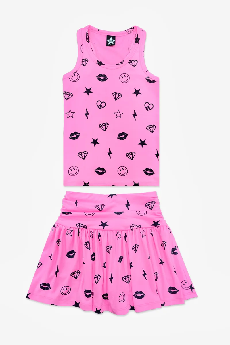 Simply Soft Racerback Tank & Shirred Waist Skort - Neon Barbie Pink Emojis