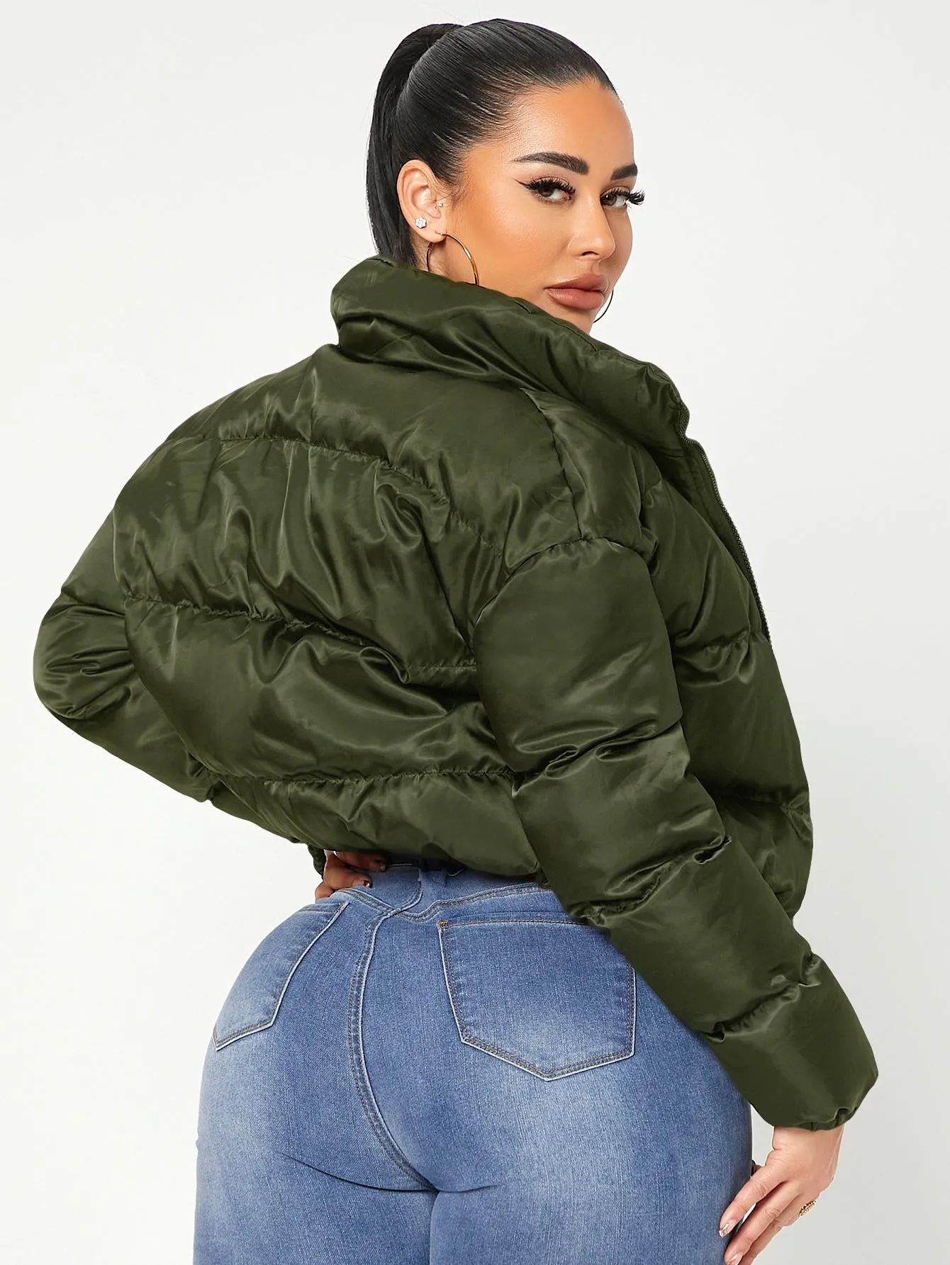 Solid Zip Up Crop Puffer Coat