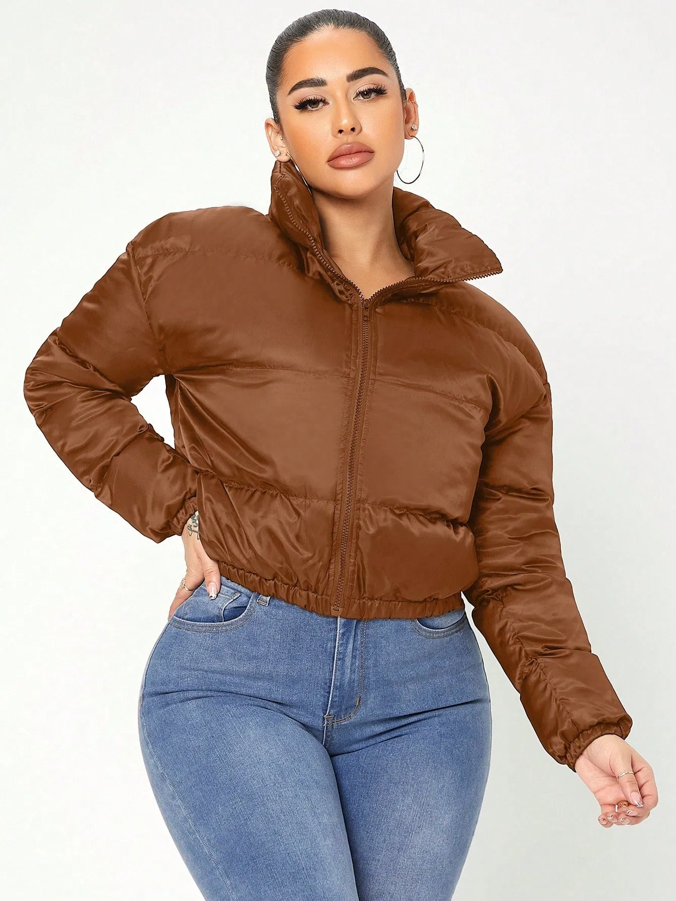 Solid Zip Up Crop Puffer Coat