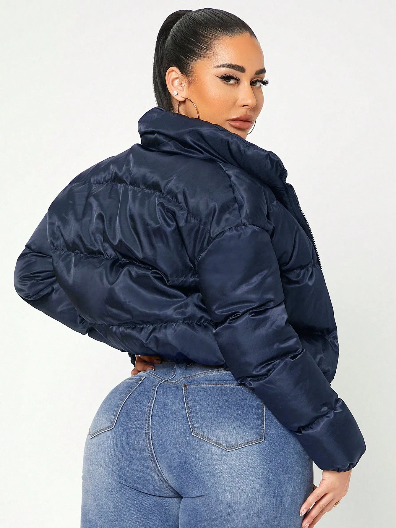 Solid Zip Up Crop Puffer Coat