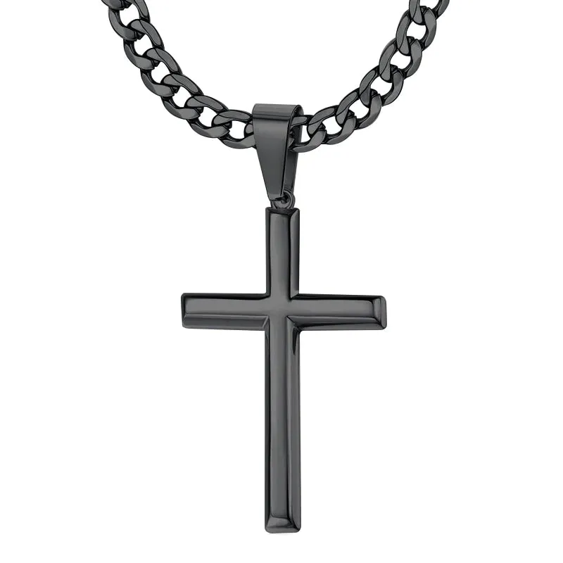 Sterling Silver Cross Necklace Beveled Edge for Men Women With Stainless Steel Cuban Link Necklace