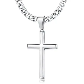 Sterling Silver Cross Necklace Beveled Edge for Men Women With Stainless Steel Cuban Link Necklace