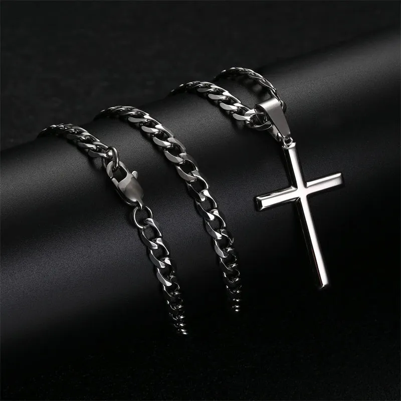 Sterling Silver Cross Necklace Beveled Edge for Men Women With Stainless Steel Cuban Link Necklace