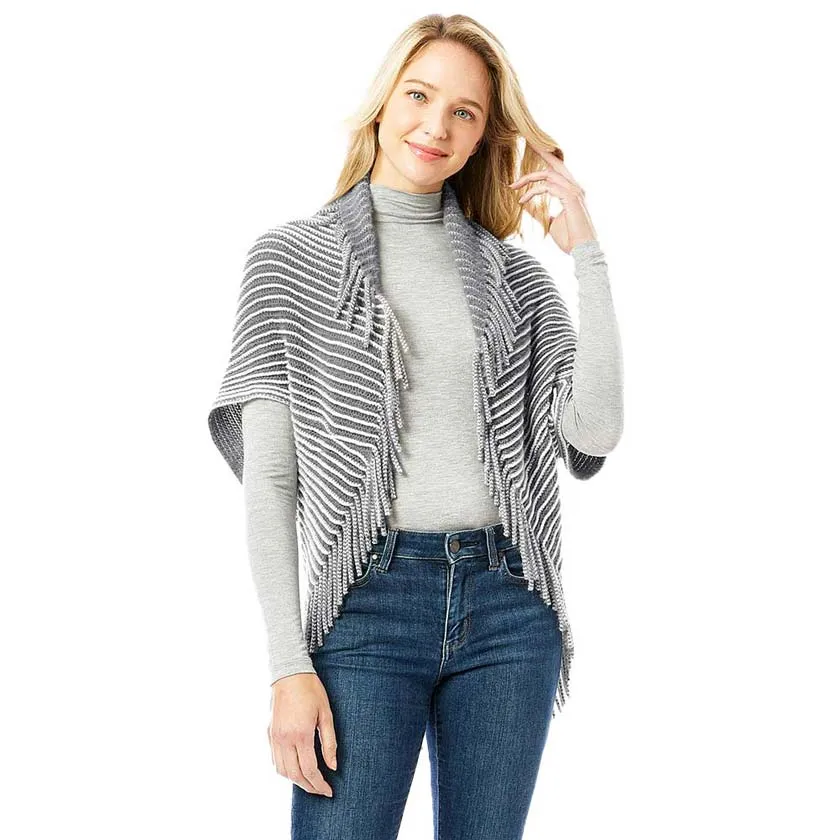 Striped Chenille Shrug With Fringe