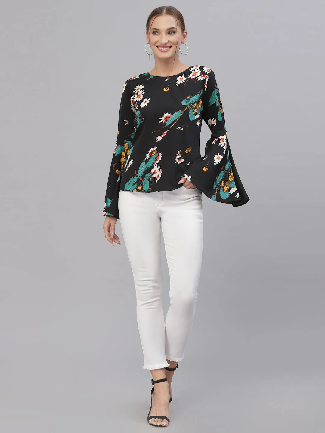 Style Quotient Women Black & Green Floral Printed Bell Sleeves Top