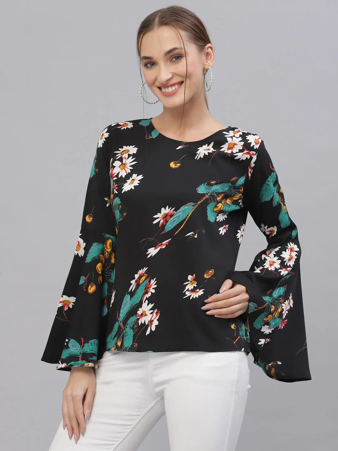 Style Quotient Women Black & Green Floral Printed Bell Sleeves Top