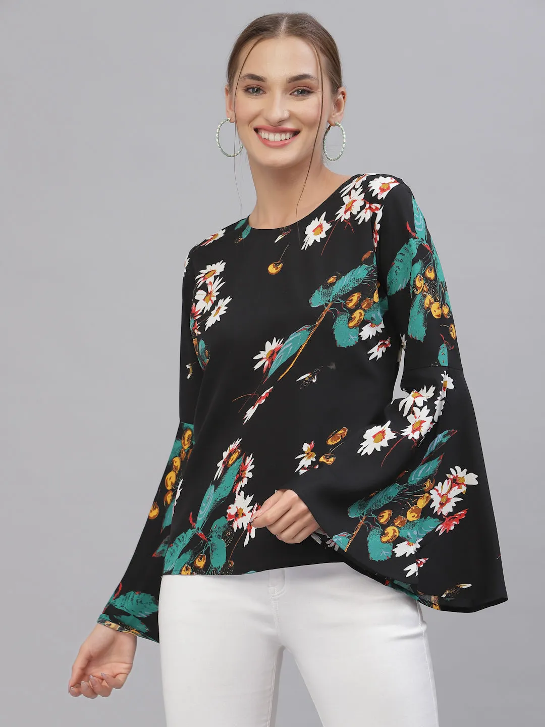 Style Quotient Women Black & Green Floral Printed Bell Sleeves Top