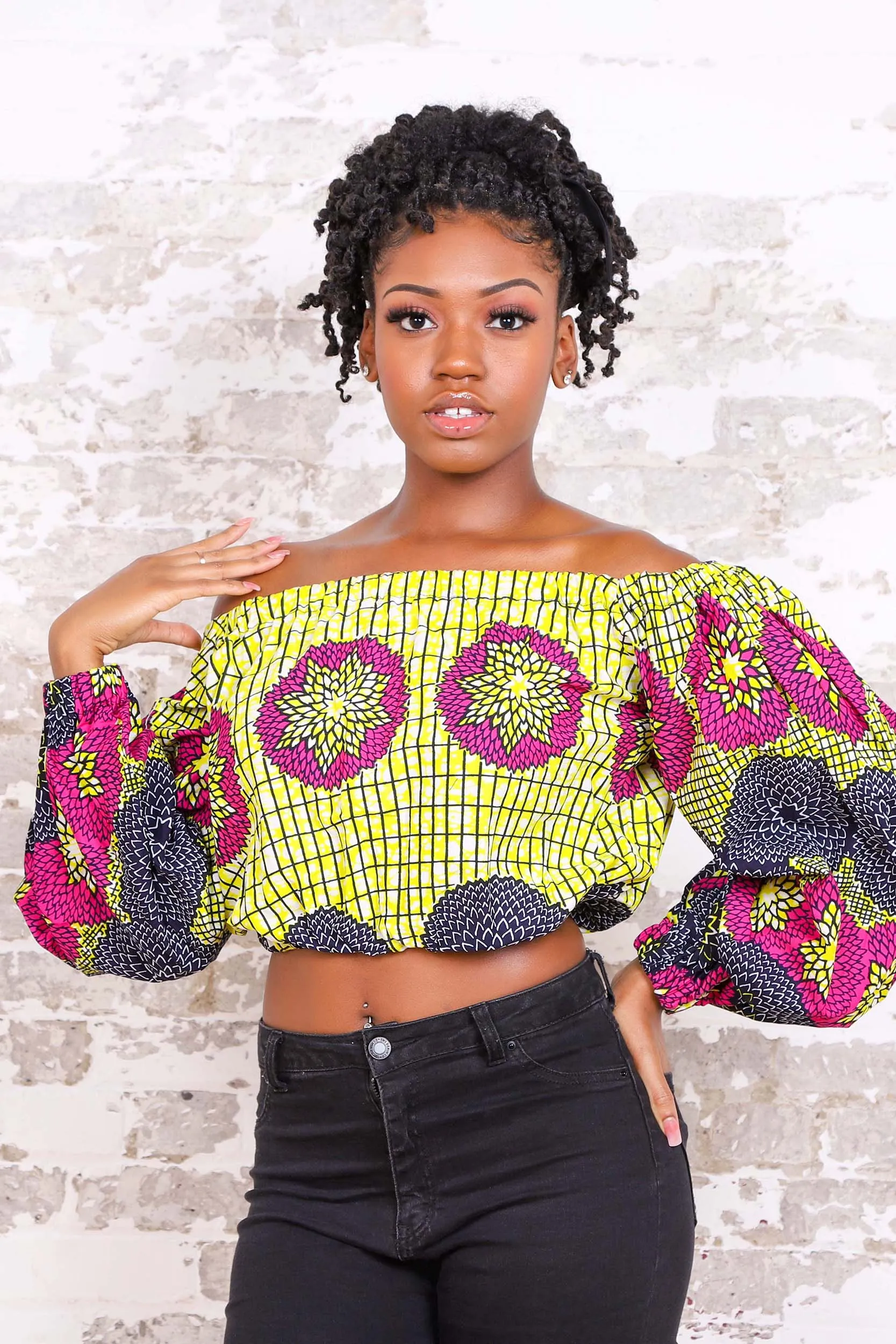 SUBERA II AFRICAN PRINT PUFFY SLEEVE WOMEN'S CROP TOP