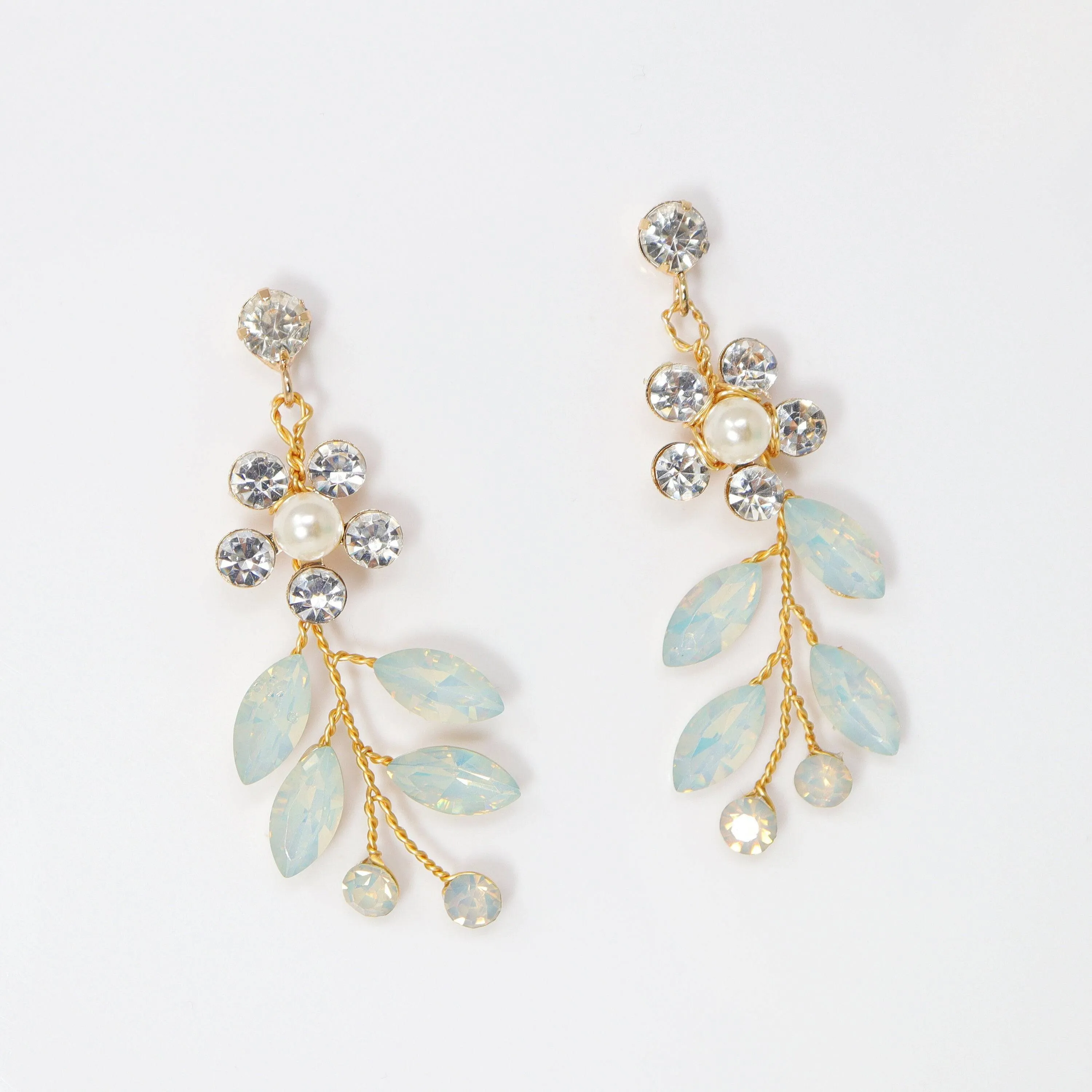 Swarovski Crystal Blue Floral Opal Leaves Earrings, Opal Hair comb Statement Earrings Cz