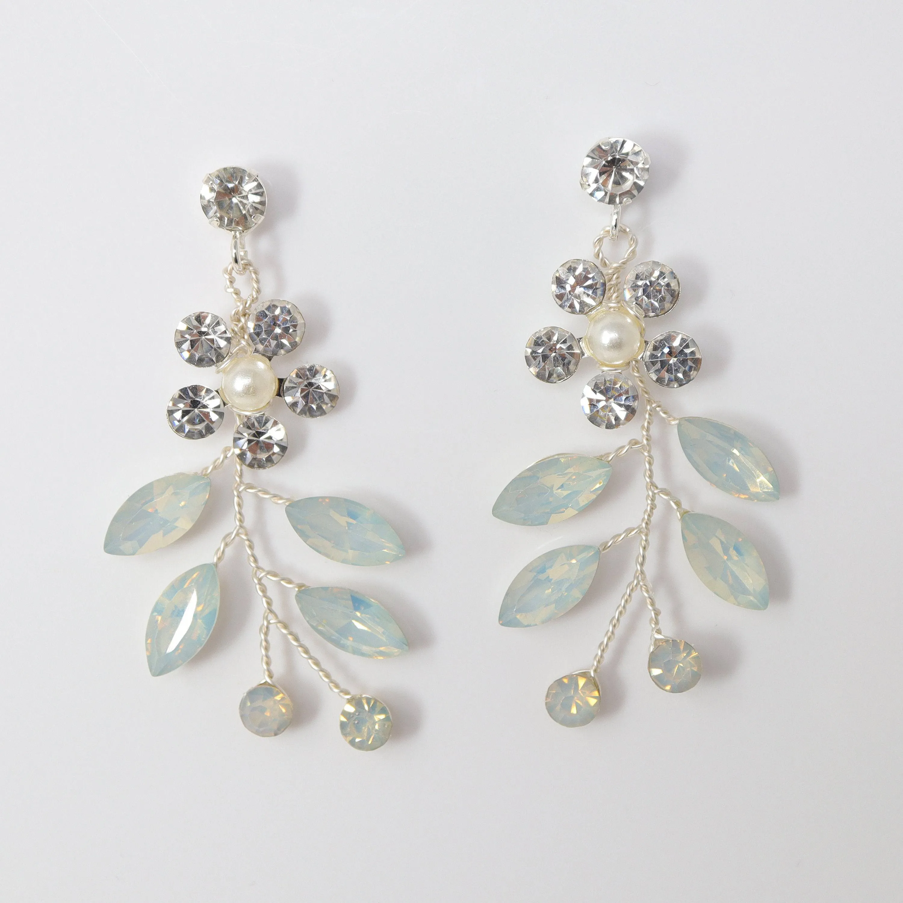 Swarovski Crystal Blue Floral Opal Leaves Earrings, Opal Hair comb Statement Earrings Cz