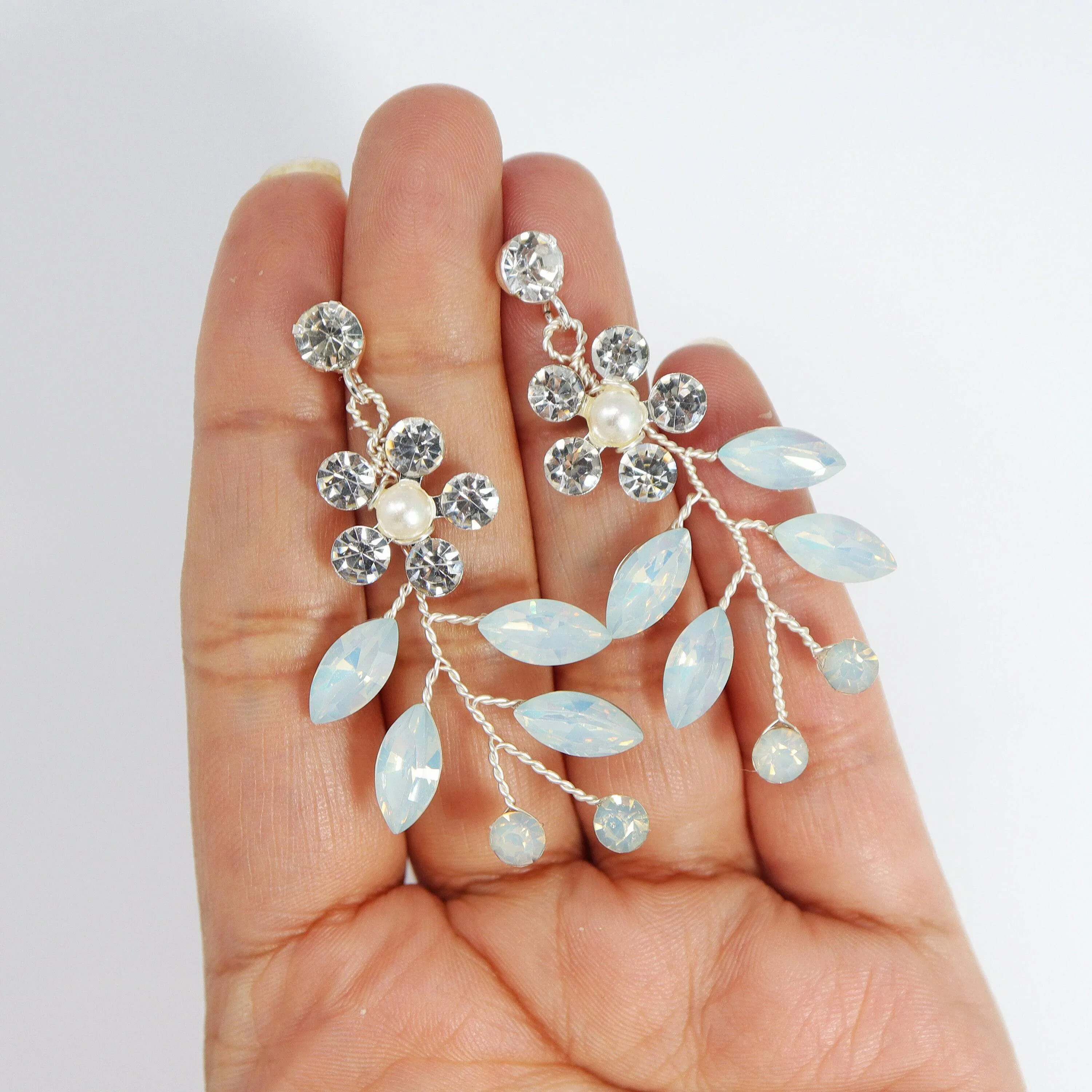 Swarovski Crystal Blue Floral Opal Leaves Earrings, Opal Hair comb Statement Earrings Cz