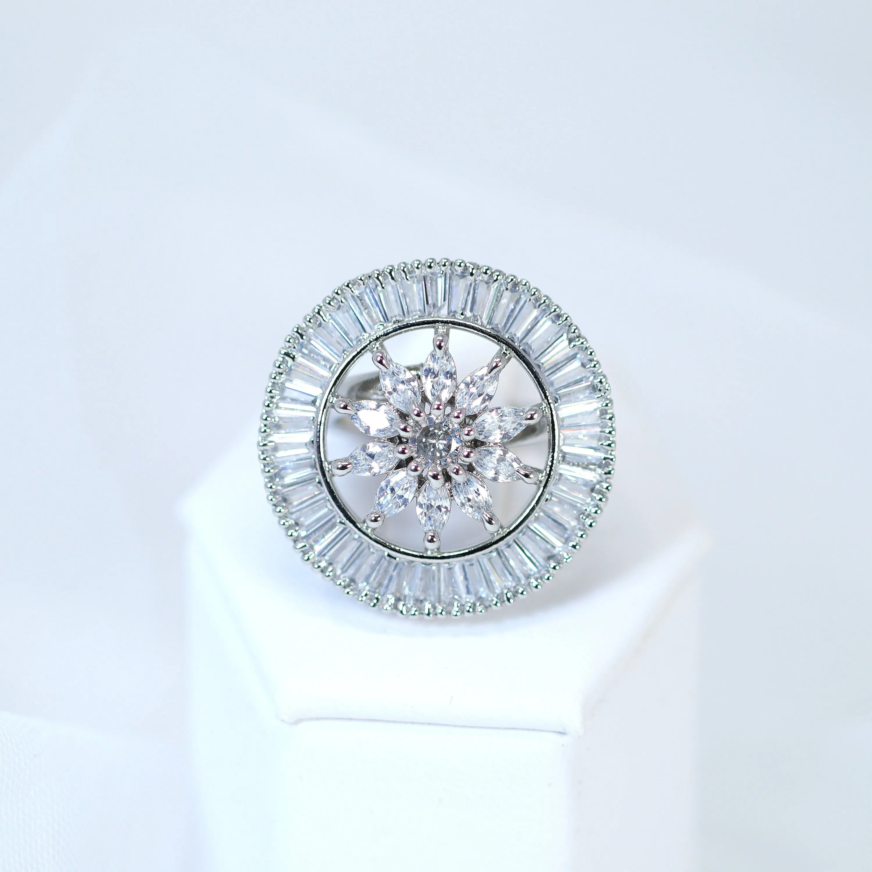 Swarovski Crystal Silver Floral Large Statement Ring, Engagement Ring, Promise Ring For a Friend, Friendship ring.