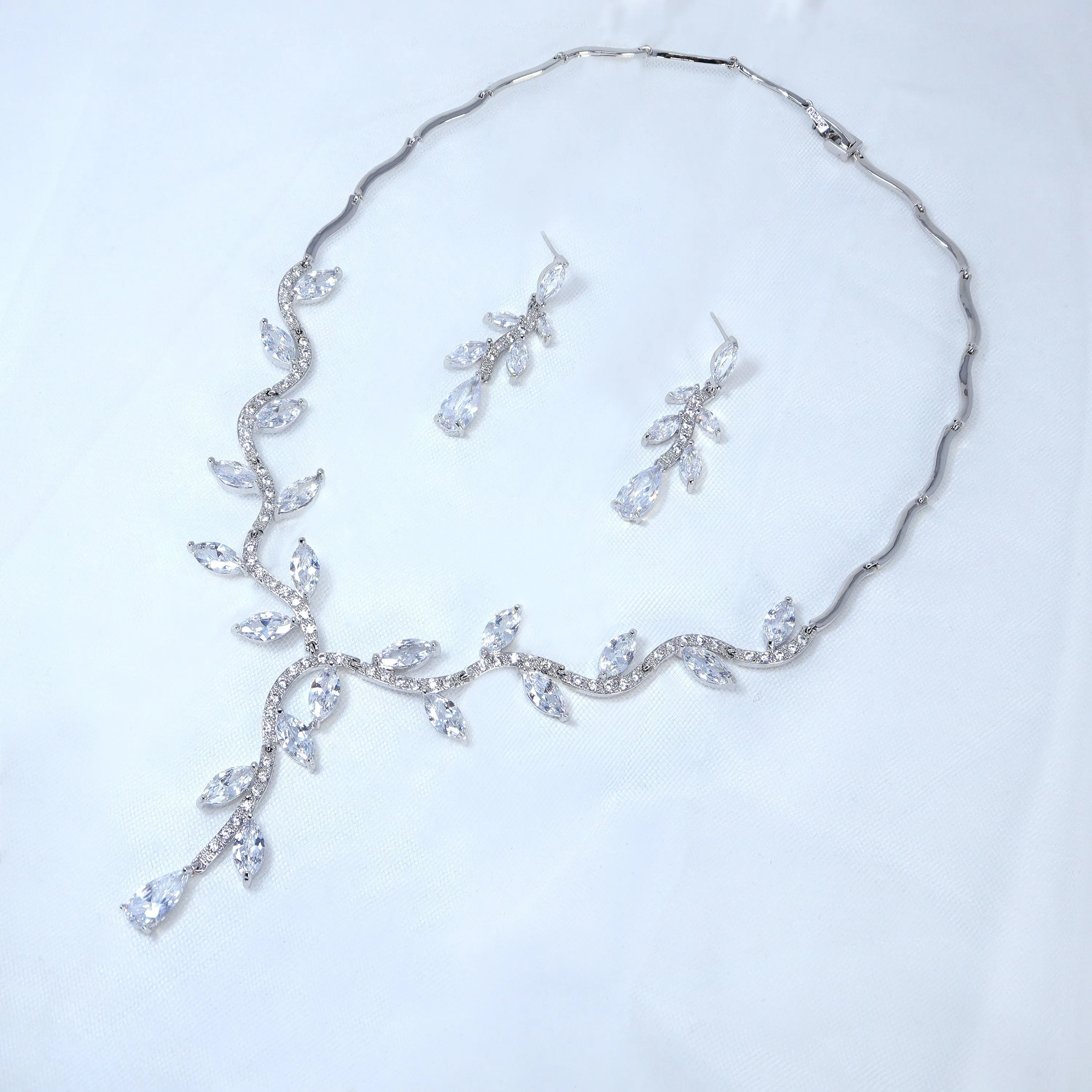 Swarovski Crystal Vine Leaves Blooming Necklace, Long Bridal Jewelry, Bridal Earrings And Necklace, Statement Earrings Cz Necklace Set.