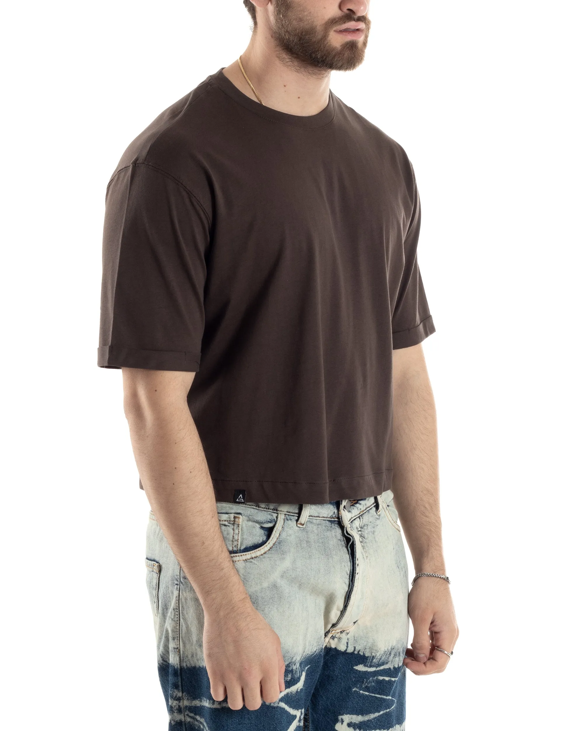 T-shirt Uomo Cropped Corta Boxy Fit Tinta Unita Marrone Casual GIOSAL-TS3008A