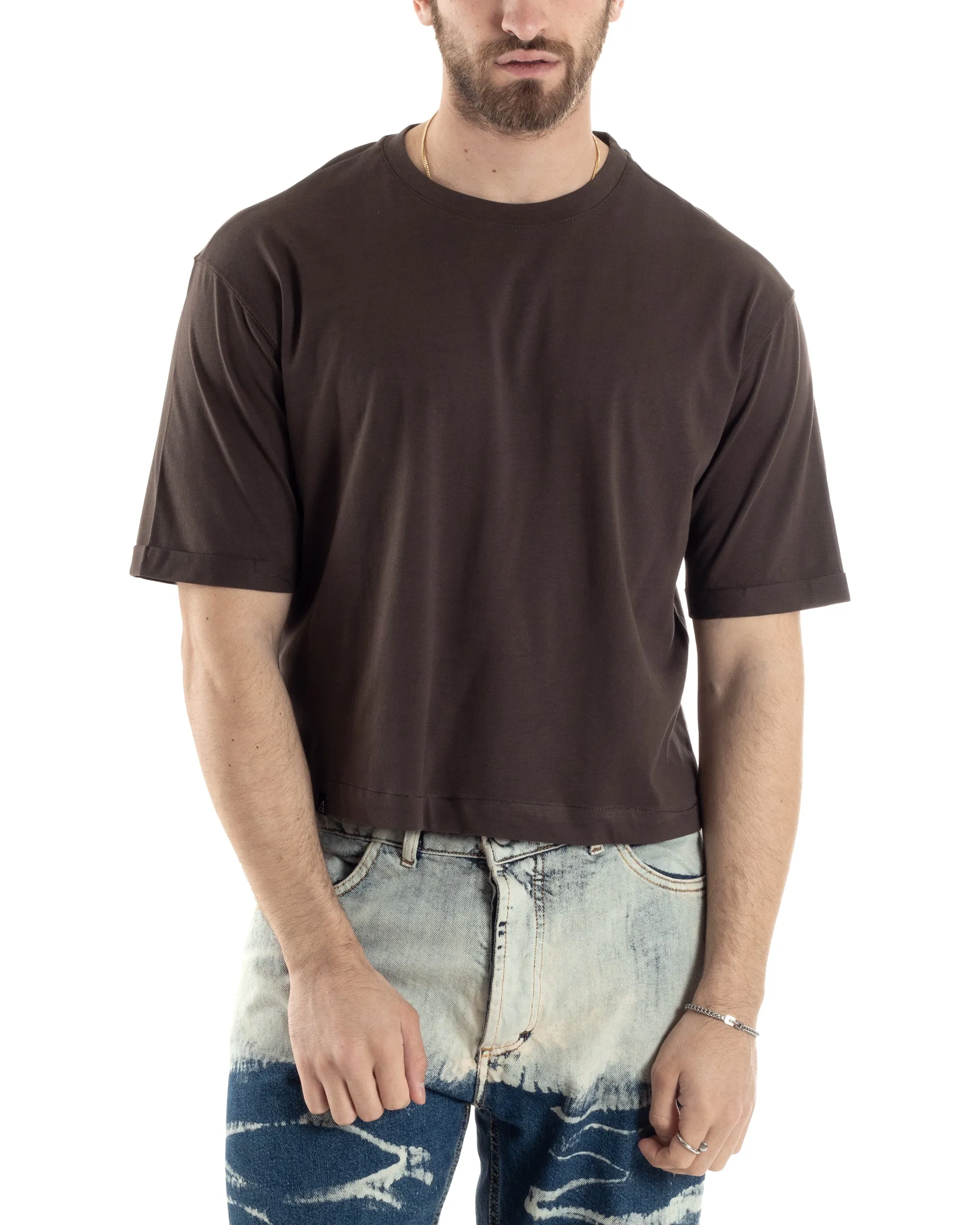 T-shirt Uomo Cropped Corta Boxy Fit Tinta Unita Marrone Casual GIOSAL-TS3008A