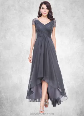 Teagan A-Line V-neck Asymmetrical Tulle Mother of the Bride Dress With Ruffle Beading Sequins STK126P0014620