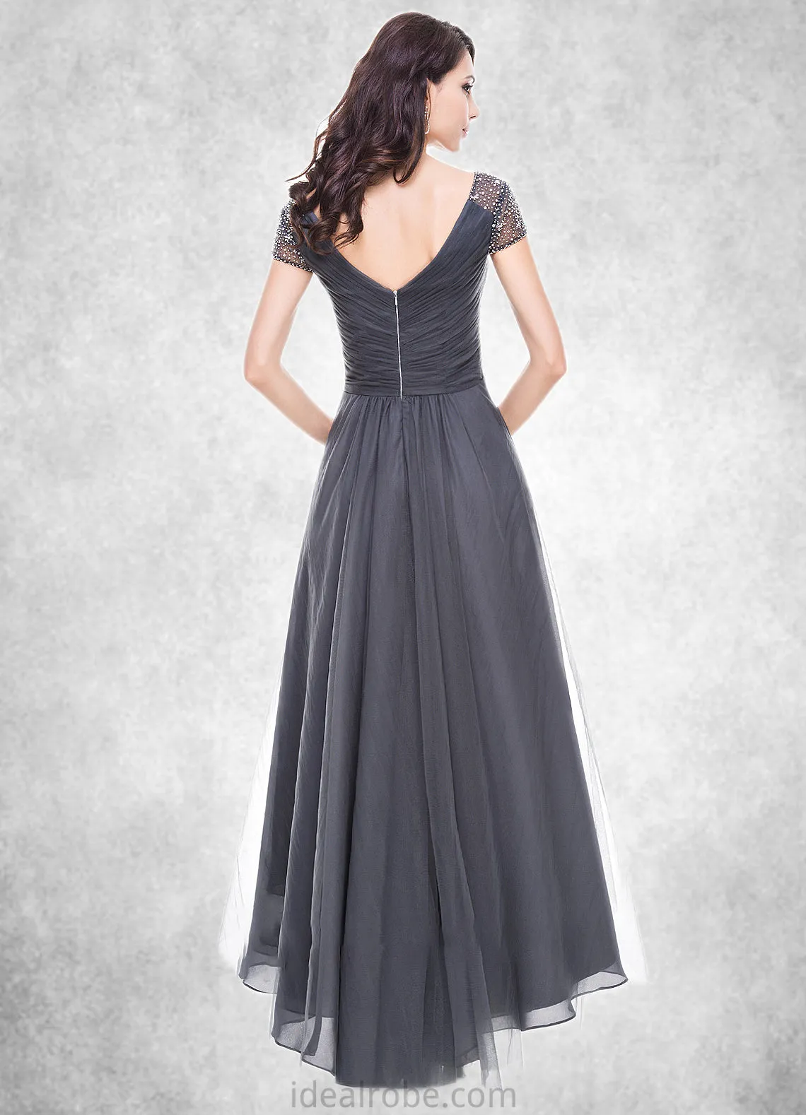 Teagan A-Line V-neck Asymmetrical Tulle Mother of the Bride Dress With Ruffle Beading Sequins STK126P0014620