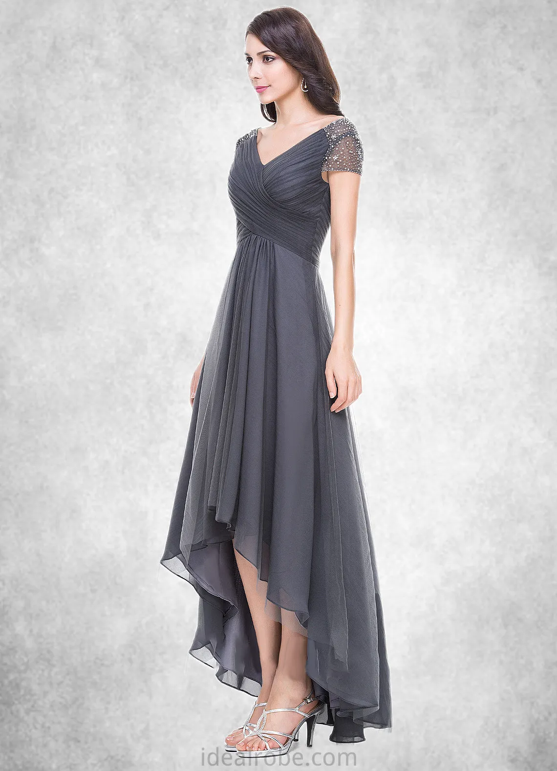 Teagan A-Line V-neck Asymmetrical Tulle Mother of the Bride Dress With Ruffle Beading Sequins STK126P0014620