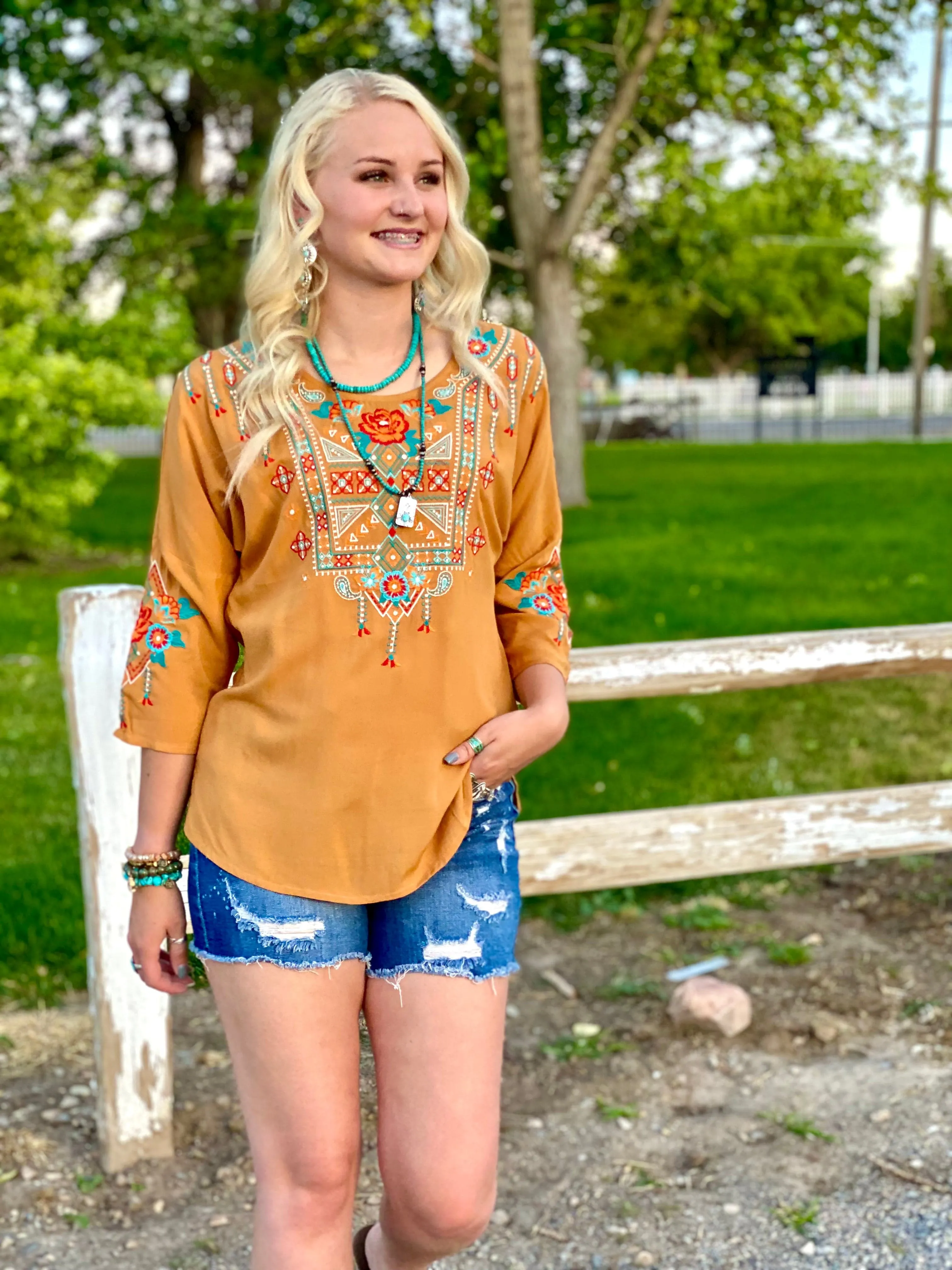 The Fall Embarcadero Mustard Embroidered Top