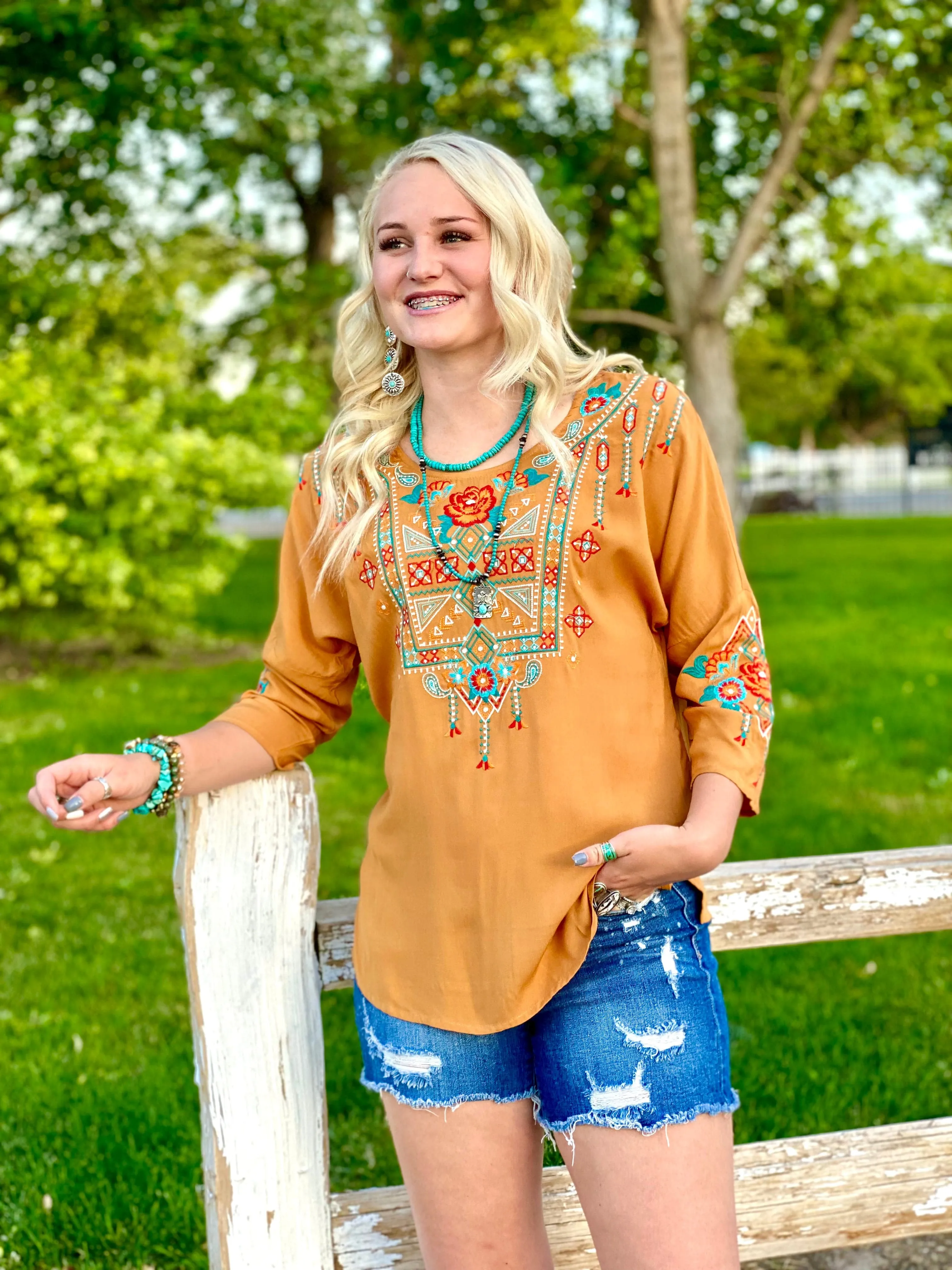 The Fall Embarcadero Mustard Embroidered Top