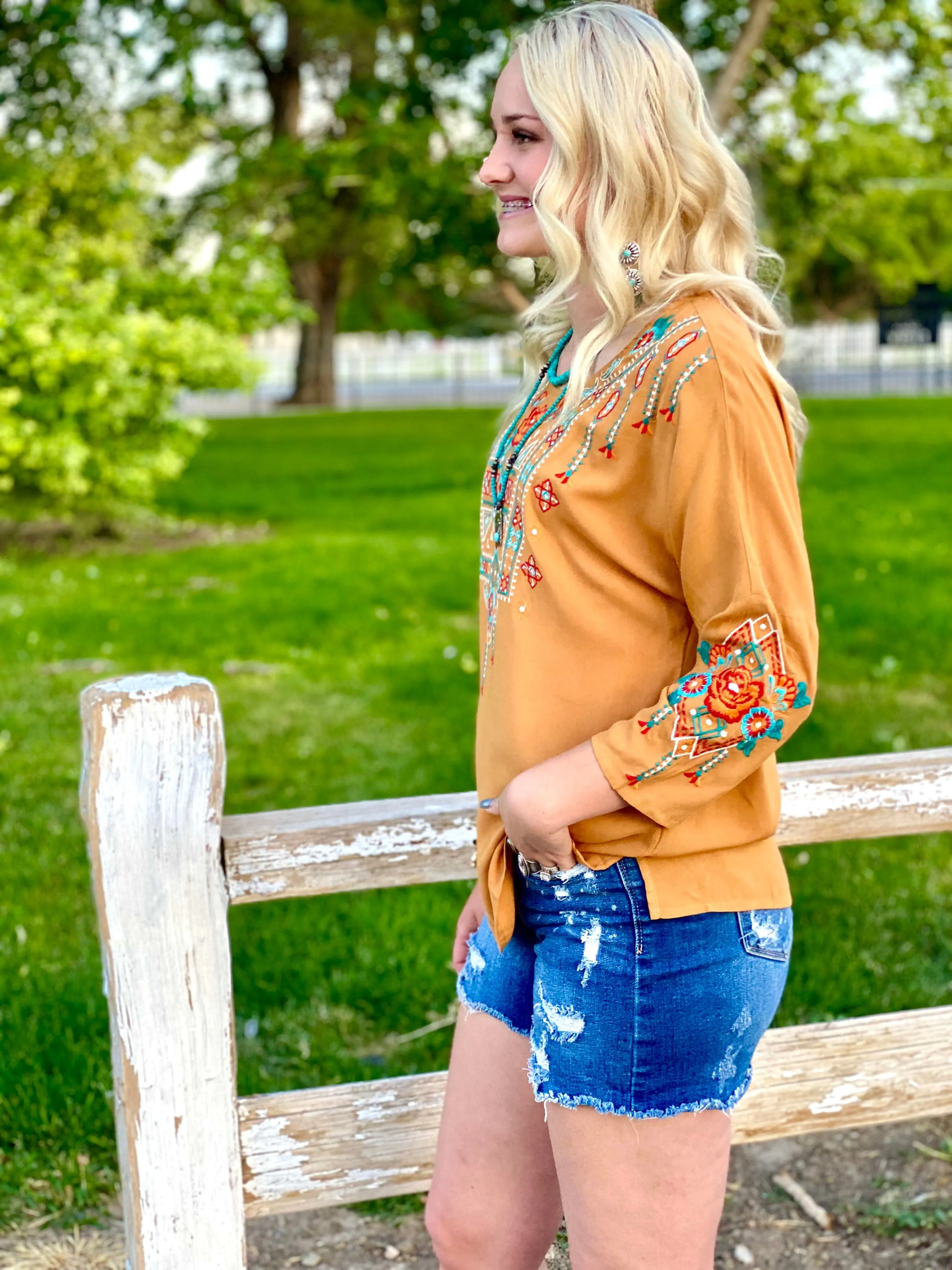 The Fall Embarcadero Mustard Embroidered Top